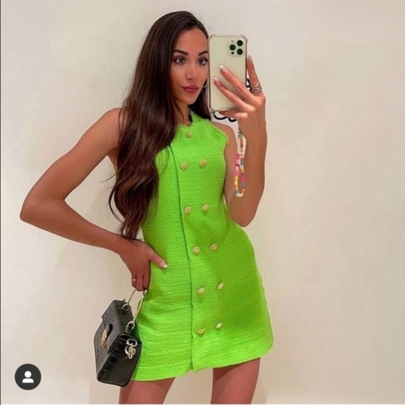 ZARA TEXTURED DRESS NEON GREEN BUTTONS XS Bloggers - Picture 9 of 16